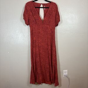 Free People Looking for Love Printed MIDI Dress Flame Combo V-Neck Regular 10